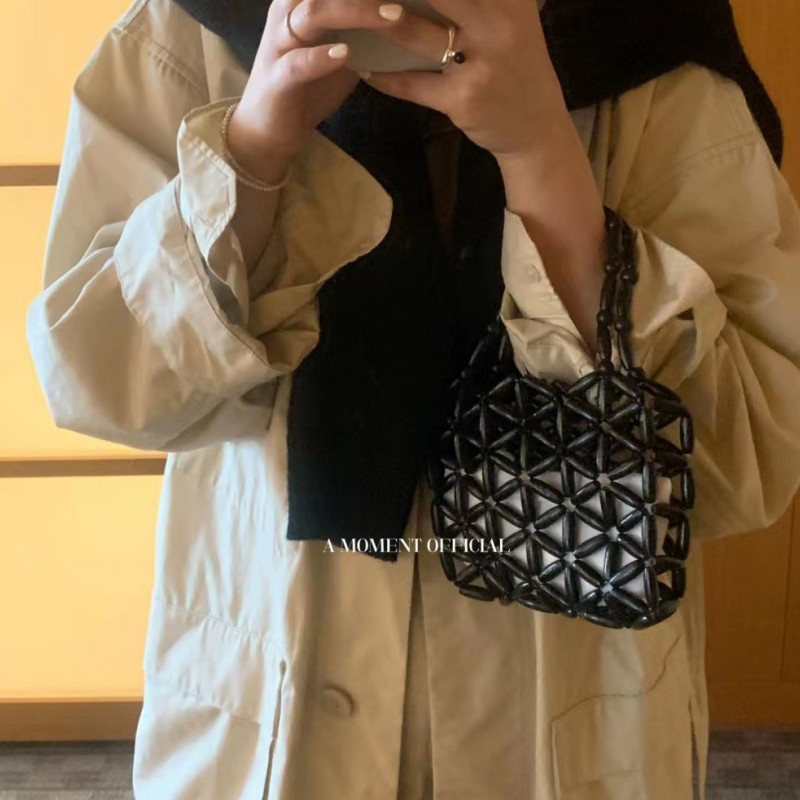 Black Small Square Bag Fashion Hollow Small Bag Wooden Beads Small Bag Beaded Small Bag Cross-Border Supply