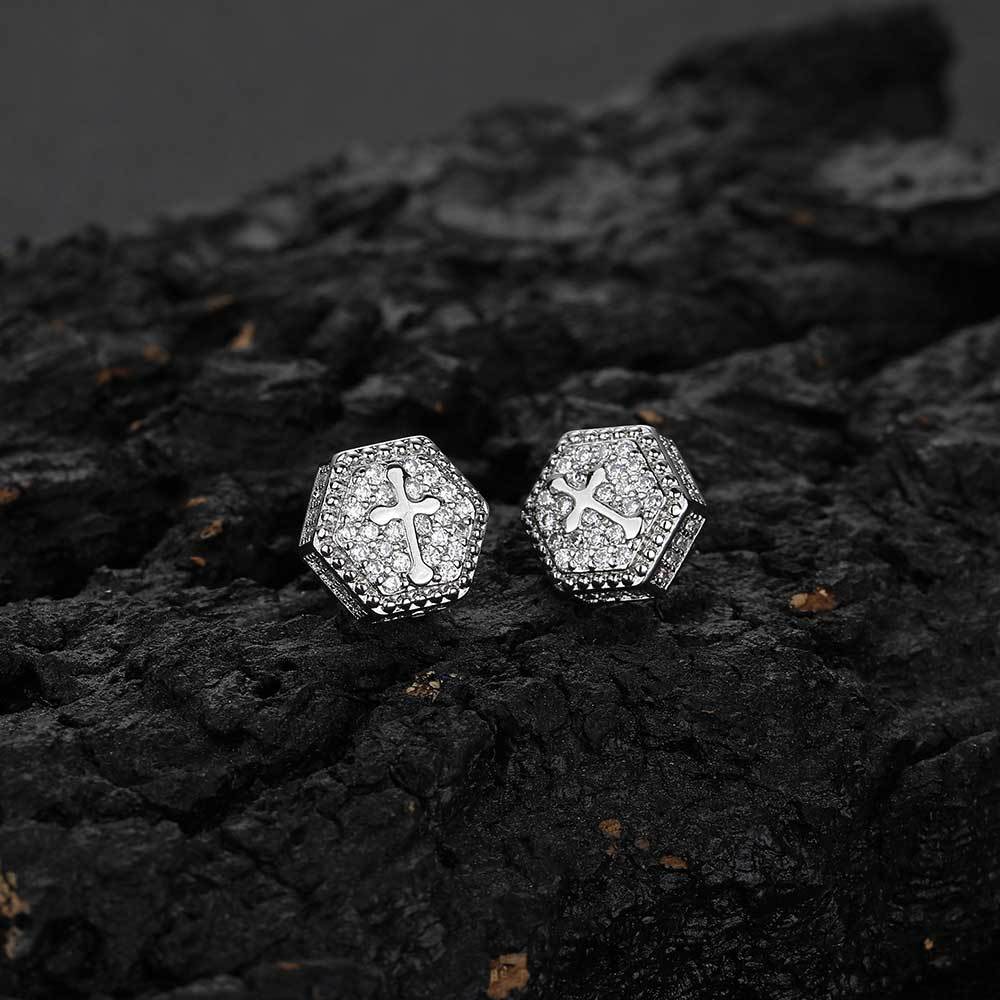 Wholesale of new cross-border products from Europe and America - hexagonal cross zircon stud earrings, a trendy brand with full diamonds, hip-hop men's and women's earrings detail image 7