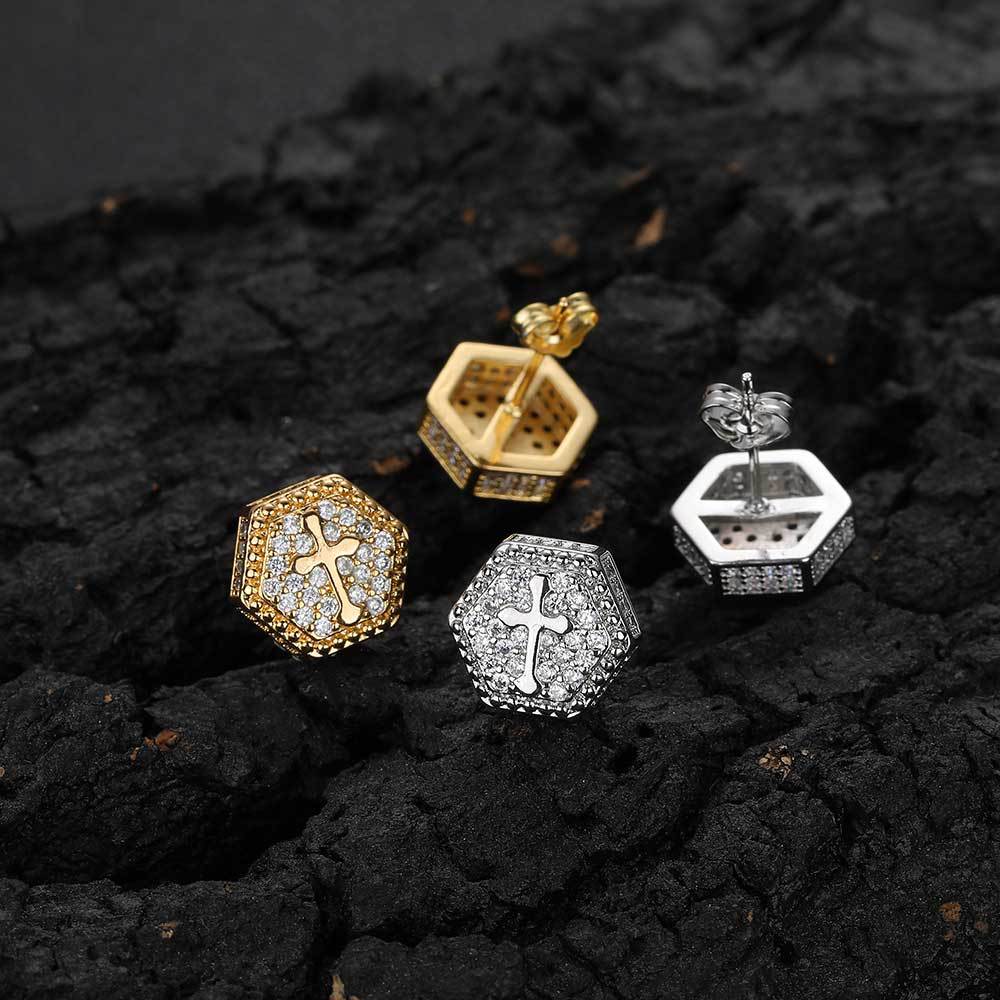 Wholesale of new cross-border products from Europe and America - hexagonal cross zircon stud earrings, a trendy brand with full diamonds, hip-hop men's and women's earrings