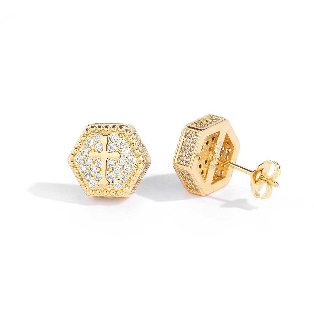 Wholesale of new cross-border products from Europe and America - hexagonal cross zircon stud earrings, a trendy brand with full diamonds, hip-hop men's and women's earrings detail image 3