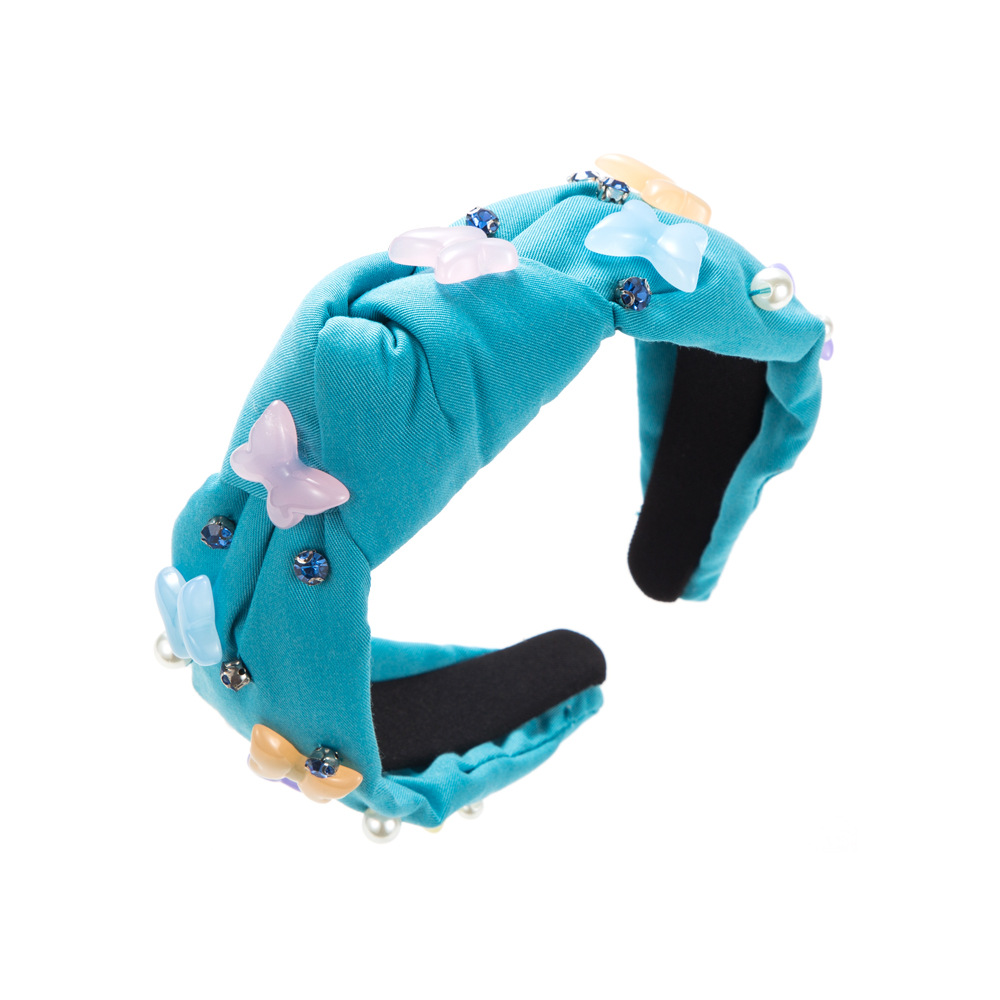 蓝色时尚ins风树脂蝴蝶配饰发箍韩 系秋冬新款镶钻珍珠高颅顶头箍发饰                          