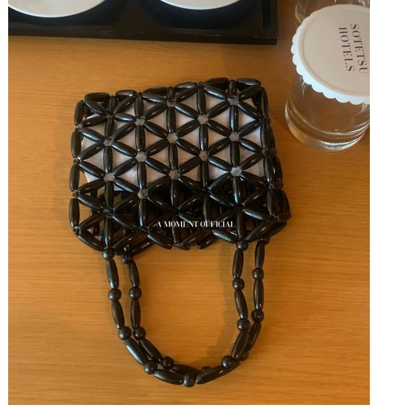 Black Small Square Bag Fashion Hollow Small Bag Wooden Beads Small Bag Beaded Small Bag Cross-Border Supply details Picture