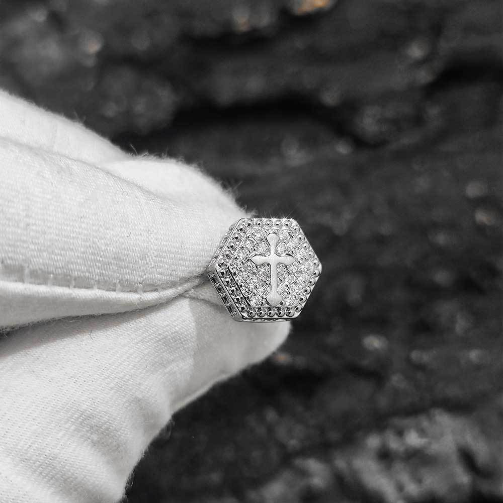 Wholesale of new cross-border products from Europe and America - hexagonal cross zircon stud earrings, a trendy brand with full diamonds, hip-hop men's and women's earrings detail image 5