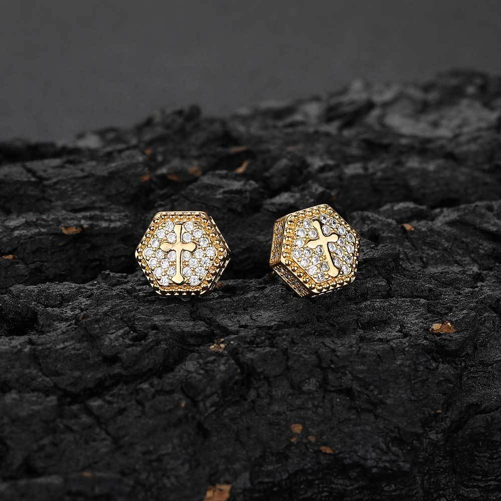 Wholesale of new cross-border products from Europe and America - hexagonal cross zircon stud earrings, a trendy brand with full diamonds, hip-hop men's and women's earrings Item Picture