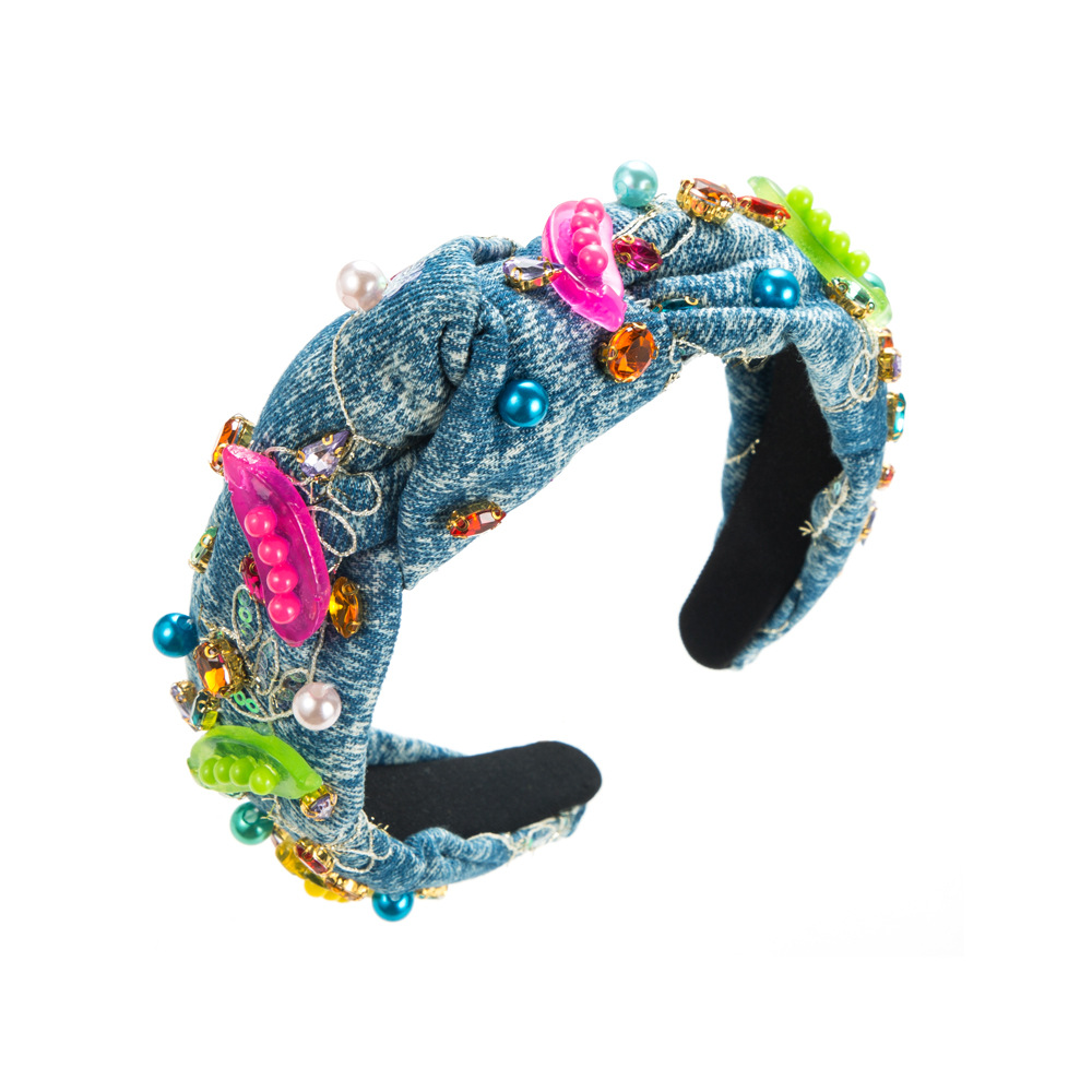 New trendy European and American pea pod denim diamond-encrusted headband, personalized leopard print fabric high-end ball headband and hair accessory Application Scenario