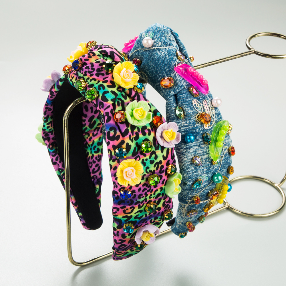 New trendy European and American pea pod denim diamond-encrusted headband, personalized leopard print fabric high-end ball headband and hair accessory details Picture