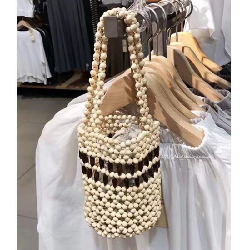 Variable Bag Cylinder Female Bag Wooden Bead Bag Bucket Female Bag Handmade Beaded Female Bag Now Supply Cross-Border Foreign Trade Hot Bag