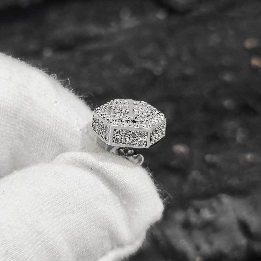 Wholesale of new cross-border products from Europe and America - hexagonal cross zircon stud earrings, a trendy brand with full diamonds, hip-hop men's and women's earrings detail image 2