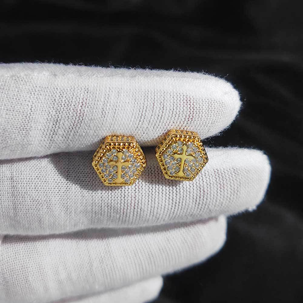Wholesale of new cross-border products from Europe and America - hexagonal cross zircon stud earrings, a trendy brand with full diamonds, hip-hop men's and women's earrings detail image 6