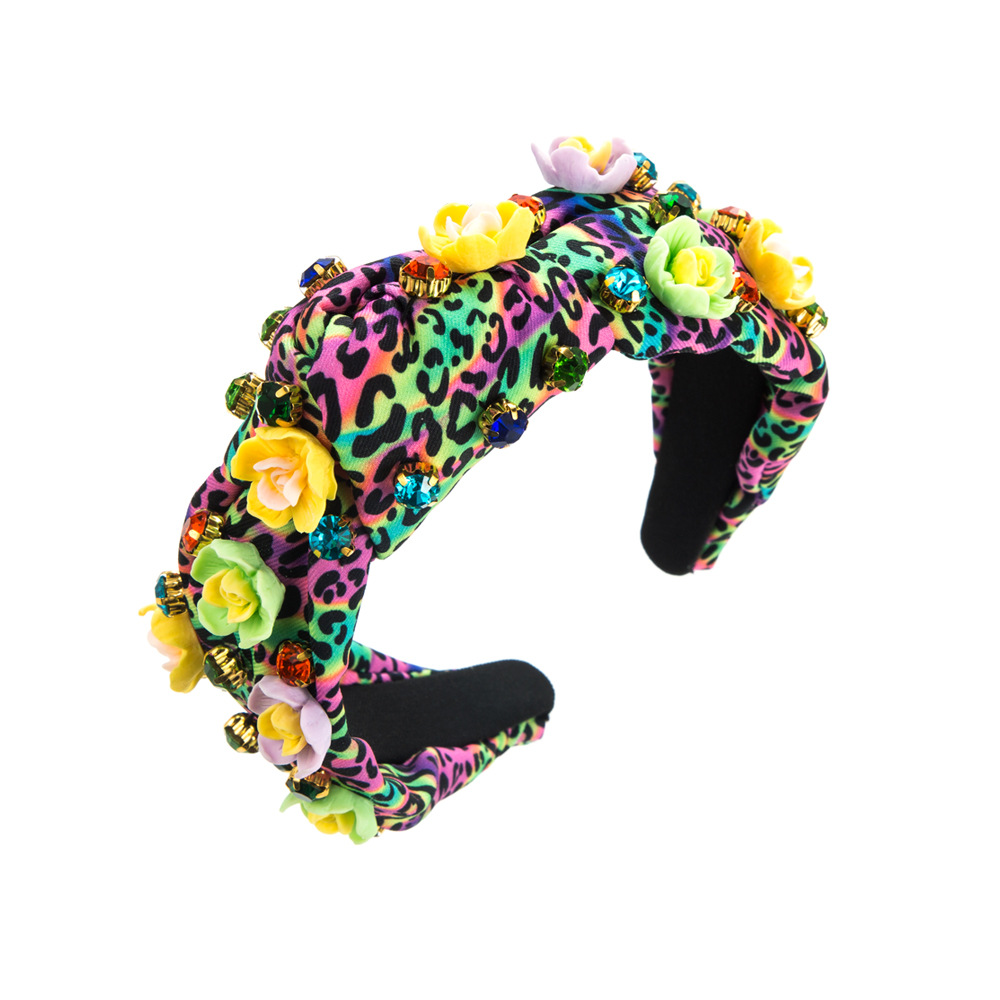 Europe And The United States New Trend Pea Pod Flower Set Diamond Headband Personality Leopard Print Cloth Senior Sense Ball Headband Hair Accessories Item Picture