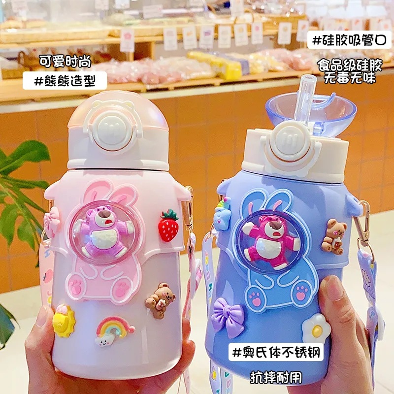 A32-AX-21013 with 316 stainless steel insulated cup, children's high appearance level student straw water cup, large capacity internet-famous straw cup, 304 shell insulated cup, children's strawberry Bear stainless steel straw cup Specification image