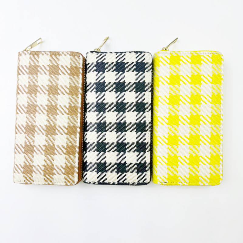 义乌工厂新款单拉包草编格子钱包高品质欧美热销手机包大容量卡包