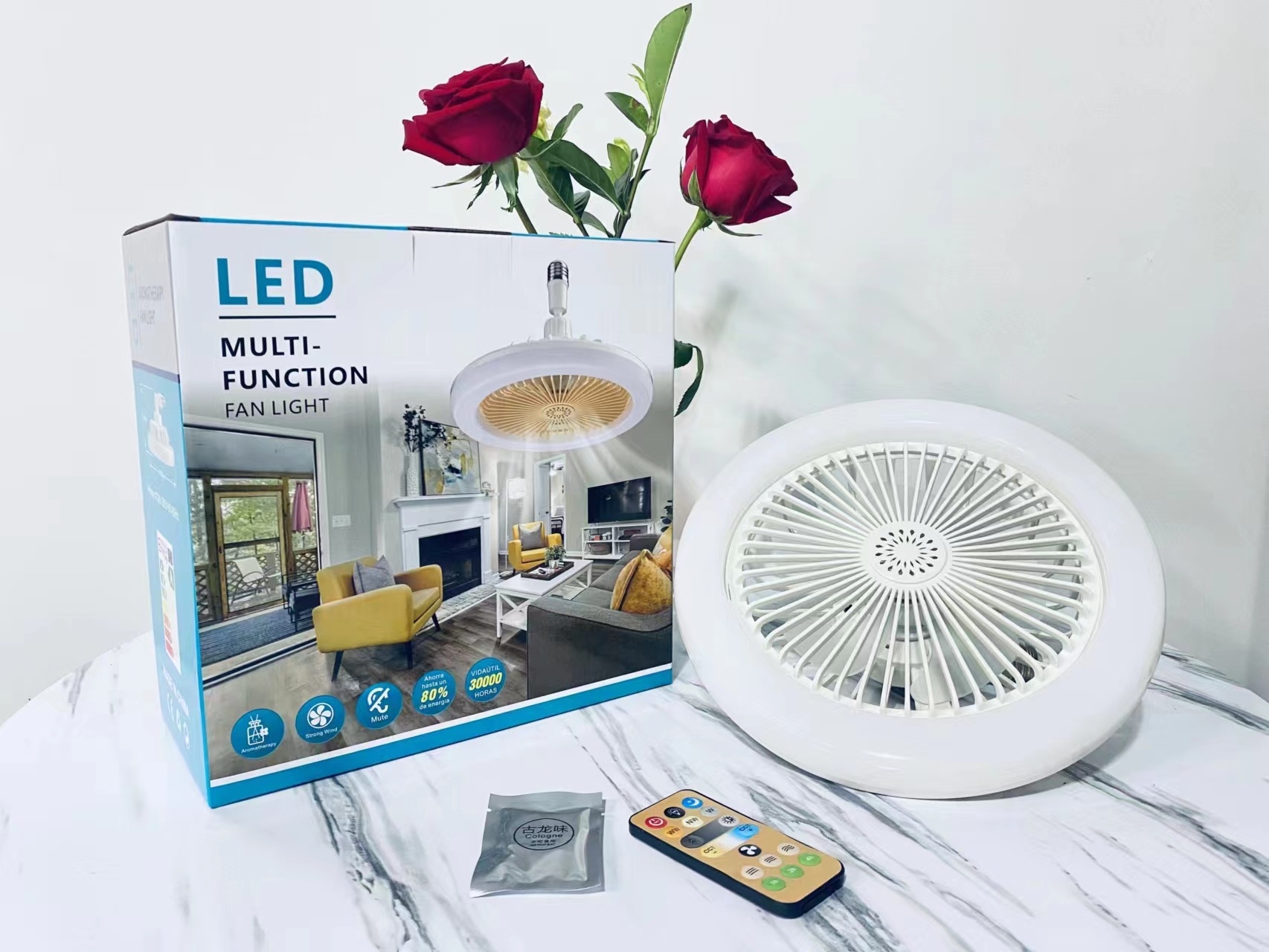 Remote control showing fan speed, light dimming, and aroma functions