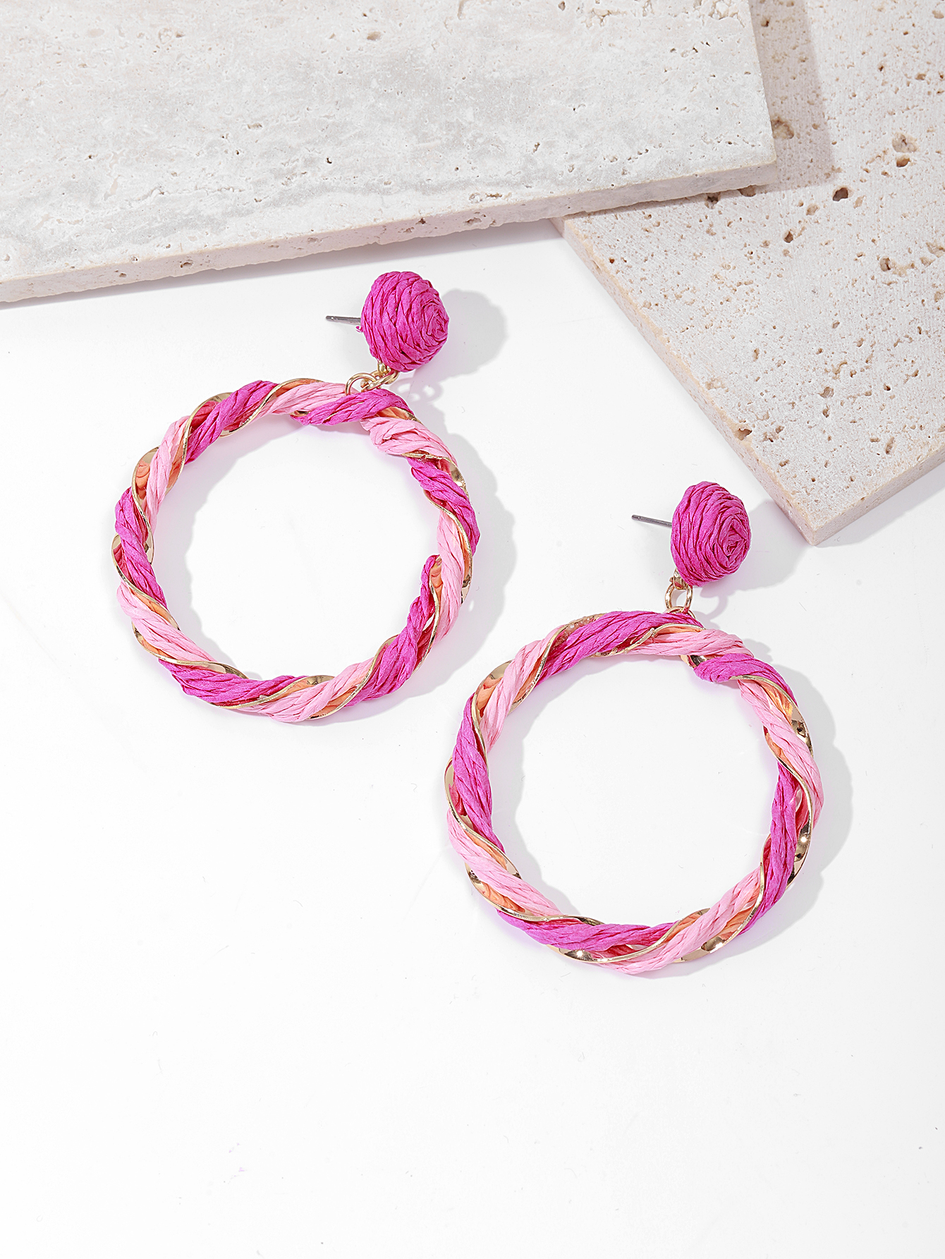 New European and American Lafite grass fashionable, simple, elegant and exaggerated round woven women's earrings Item Picture