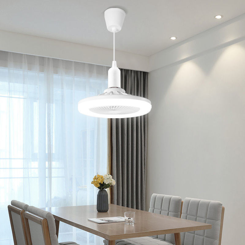 Close-up view of UFO ceiling fan showing E27 bulb socket and diffused LED lighting