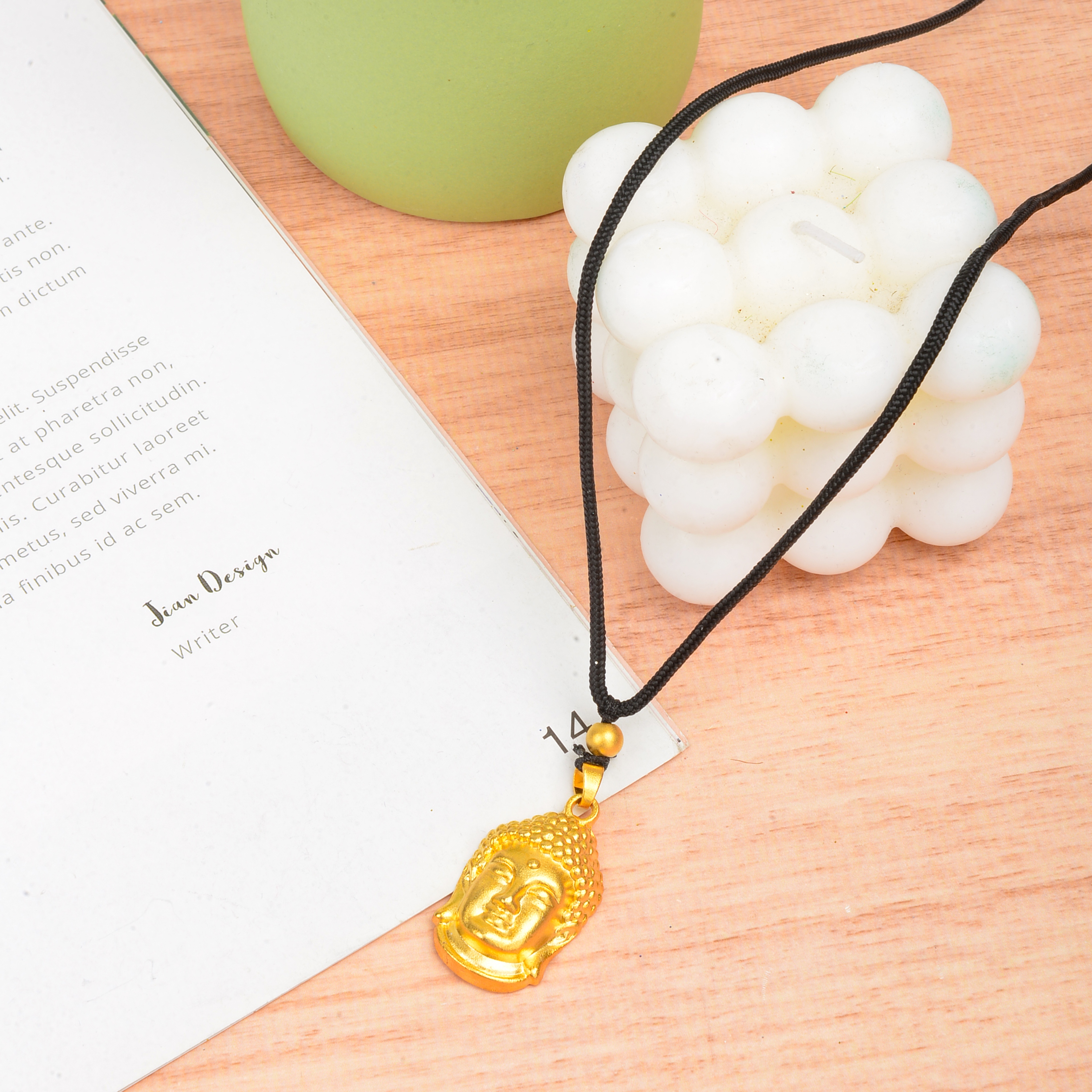 Buddha Head Small Pendant Brass Gold Plated Big Day Buddha Head Pendant Men And Women Black Rope details Picture