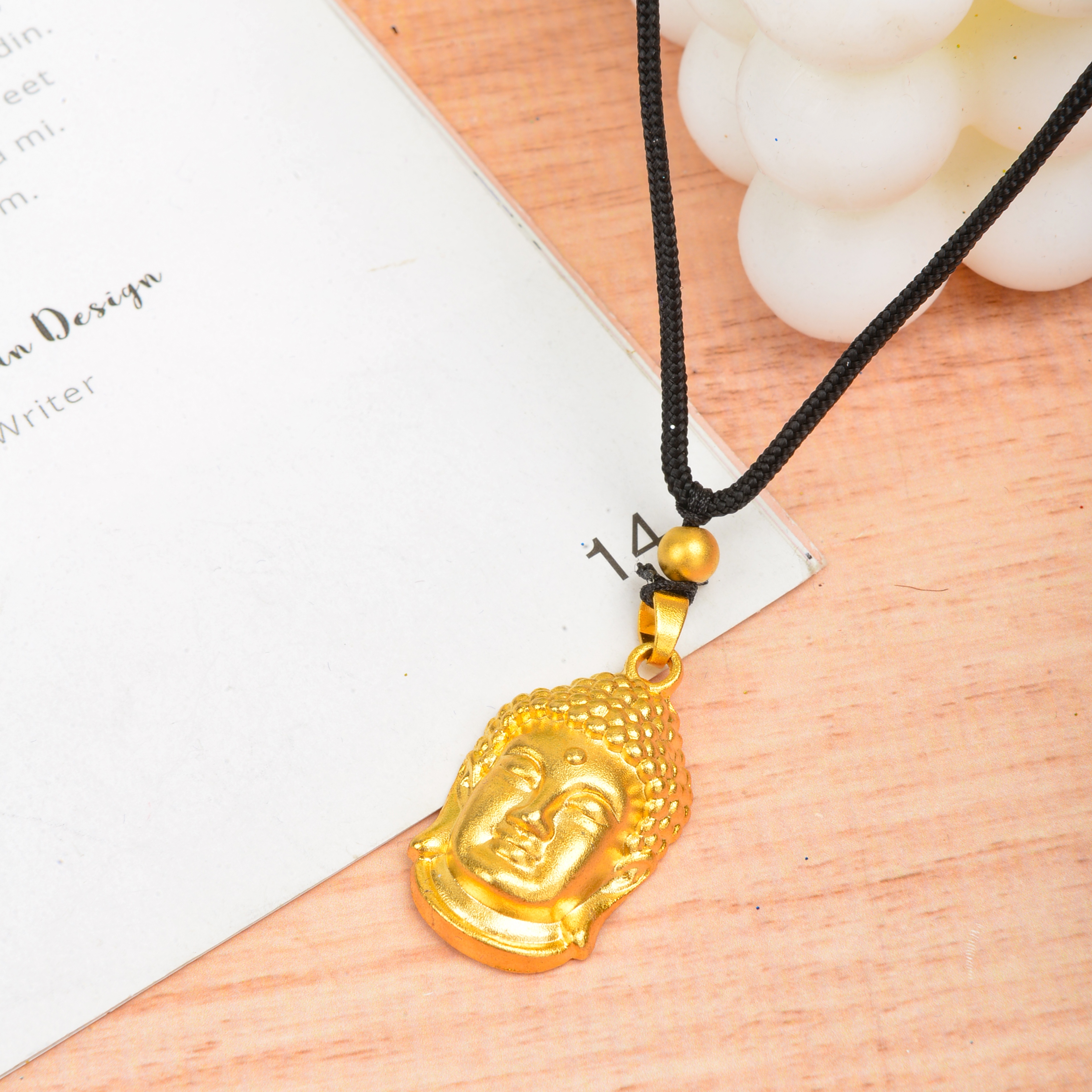 Buddha Head Small Pendant Brass Gold Plated Big Day Buddha Head Pendant Men And Women Black Rope Specification drawing
