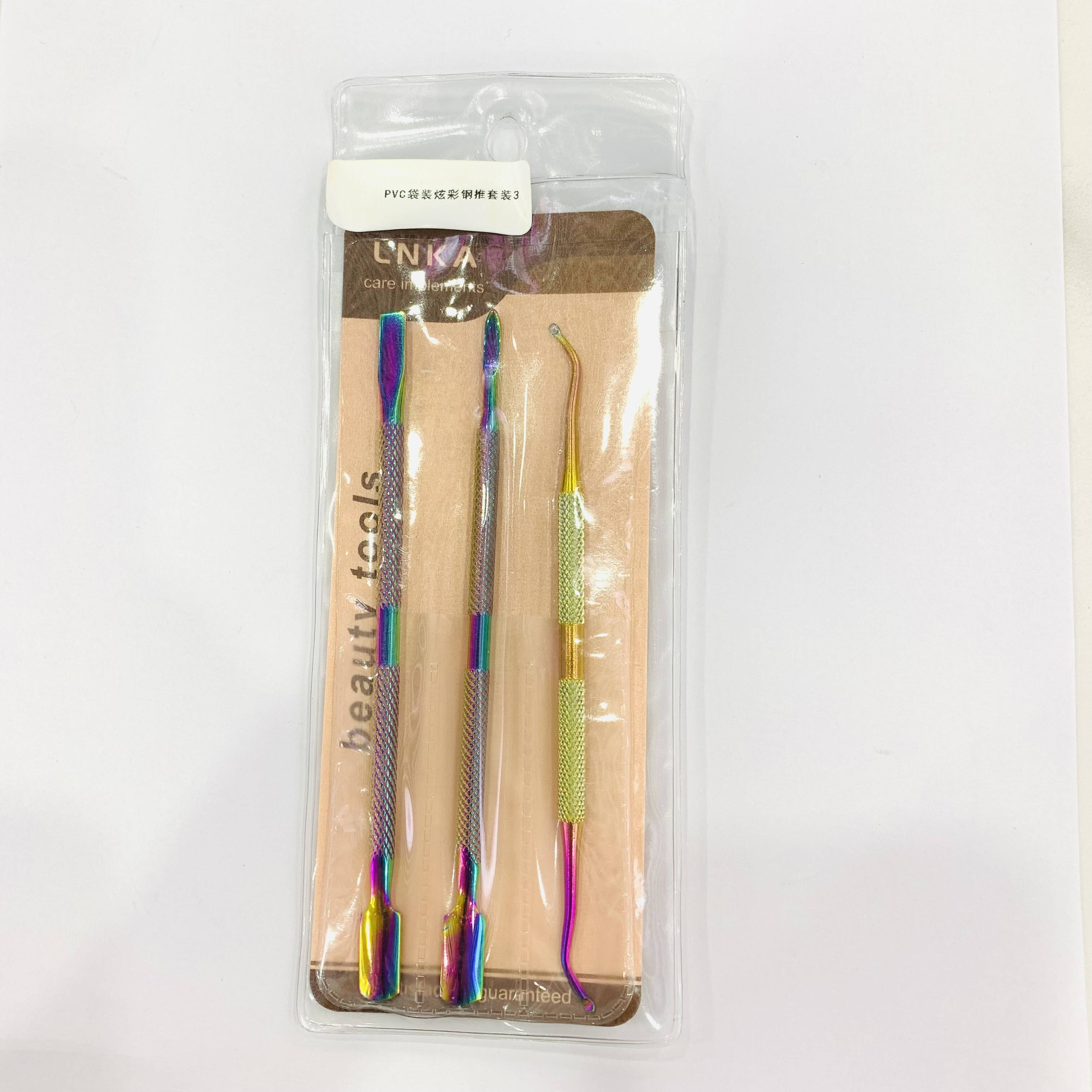 Pvc Bagged Colorful Steel Pusher Set 3 Double-Headed Steel Pushers For Removing Dead Skin, Nail Polish Remover And Glue Nail Art Tools