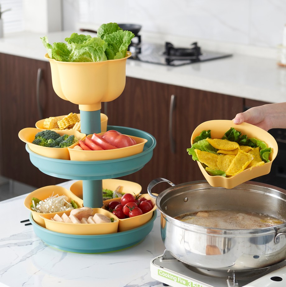 W52-JKC-5702 Rotating draining Tray, hot pot serving platter, compartmentalized fruit platter, Double-layer rotatable washing basin Application Scenario