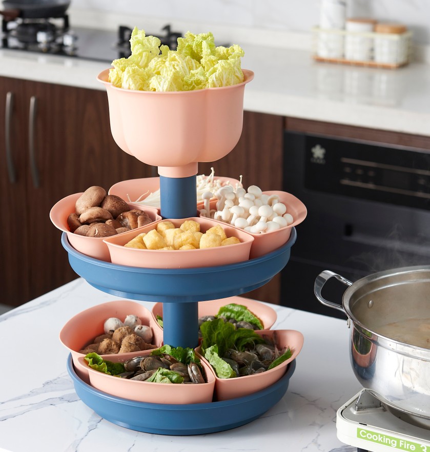 W52-JKC-5702 Rotating draining Tray, hot pot serving platter, compartmentalized fruit platter, Double-layer rotatable washing basin Specification image