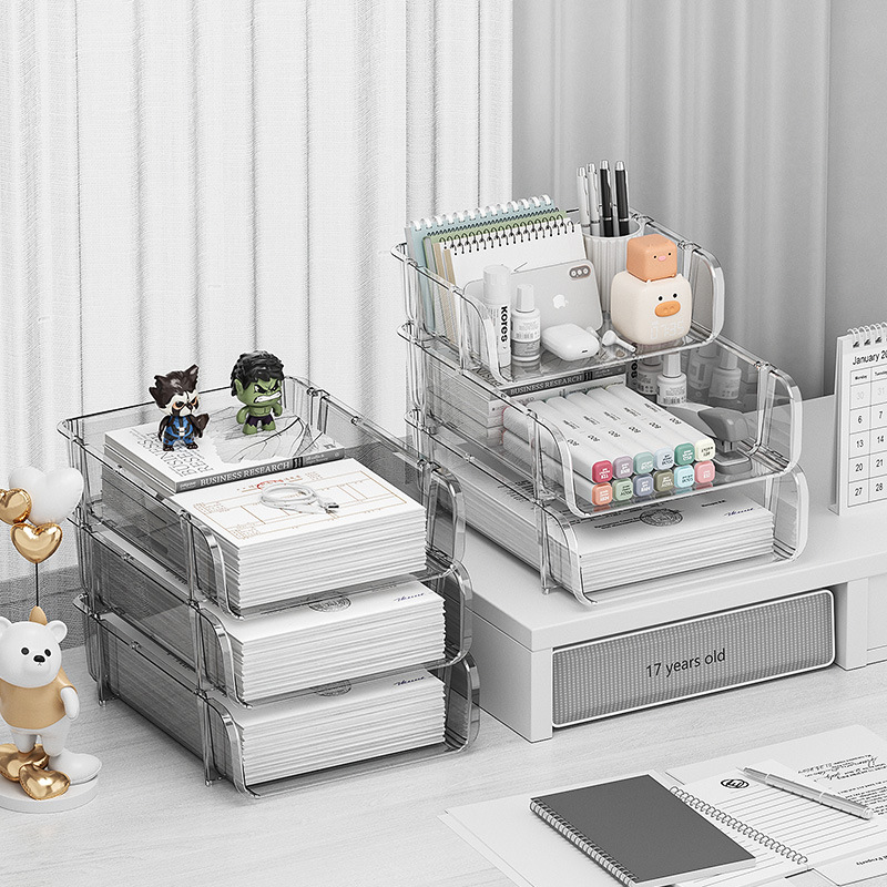 G13-2312 Transparent Desktop File Storage rack, Large office book and information organization storage box, PET transparent desktop storage rack, desktop organization box, book storage box Specification image