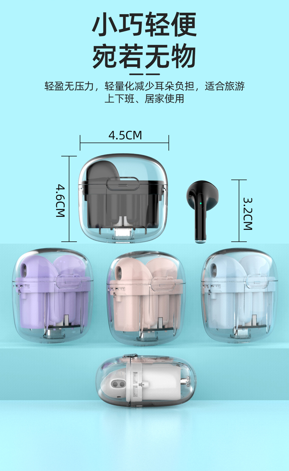 Compact and lightweight, instant connection upon startup, transparent version of true wireless Bluetooth headphones with fast charging interface pic 10