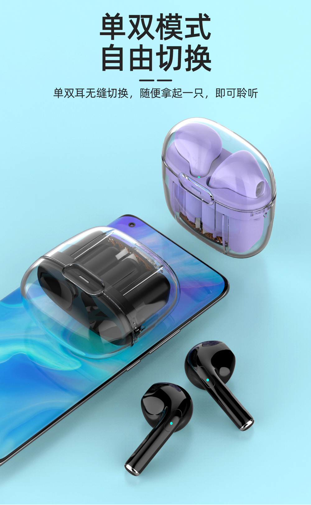 Compact and lightweight, instant connection upon startup, transparent version of true wireless Bluetooth headphones with fast charging interface pic 12