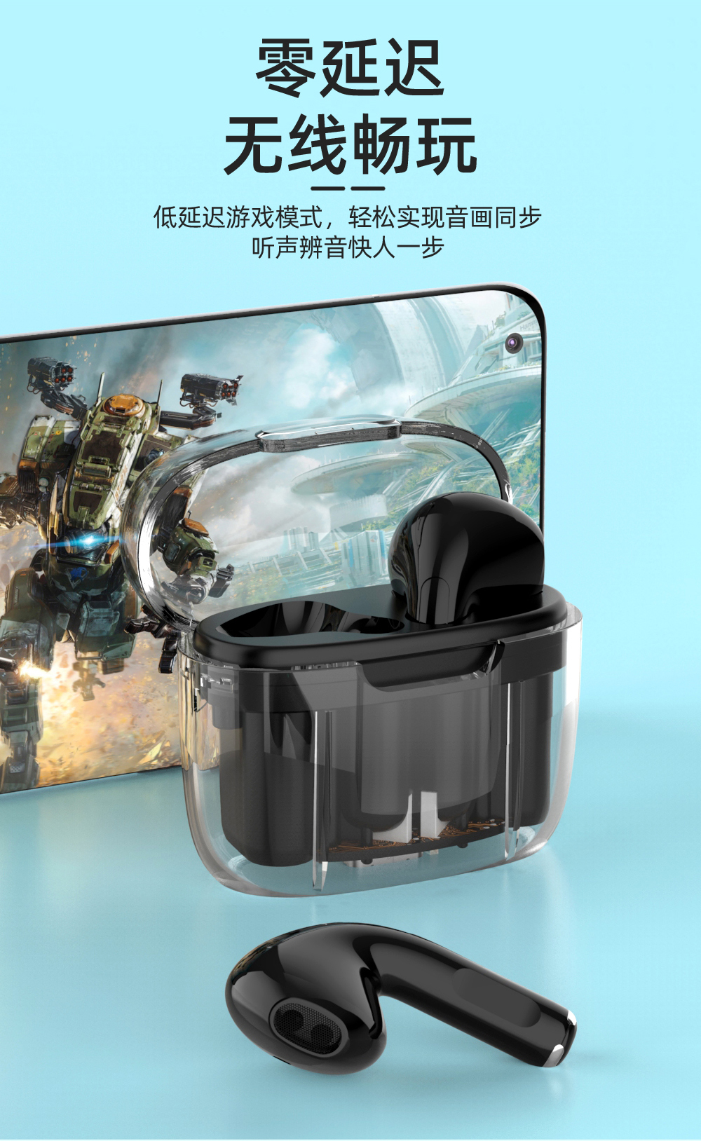Compact and lightweight, instant connection upon startup, transparent version of true wireless Bluetooth headphones with fast charging interface pic 14