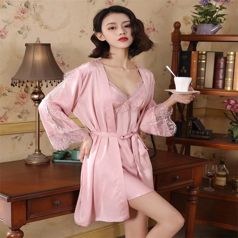Spring and autumn pajama women's two-piece set, halter dress, coat, sleeping dress, skin-friendly, comfortable, breathable, long-sleeved, loose home wear Specification image