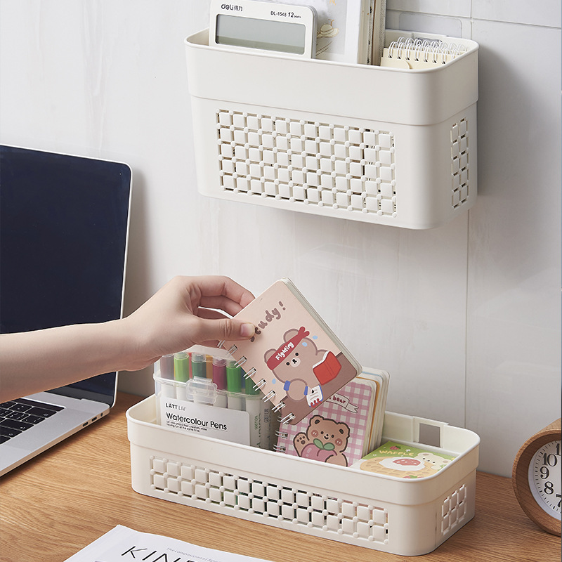 The L54-3670 storage basket is a seamless storage basket for bathrooms and kitchens. It is a wall-mounted plastic basket with a hollowed-out design for easy draining Application Scenario