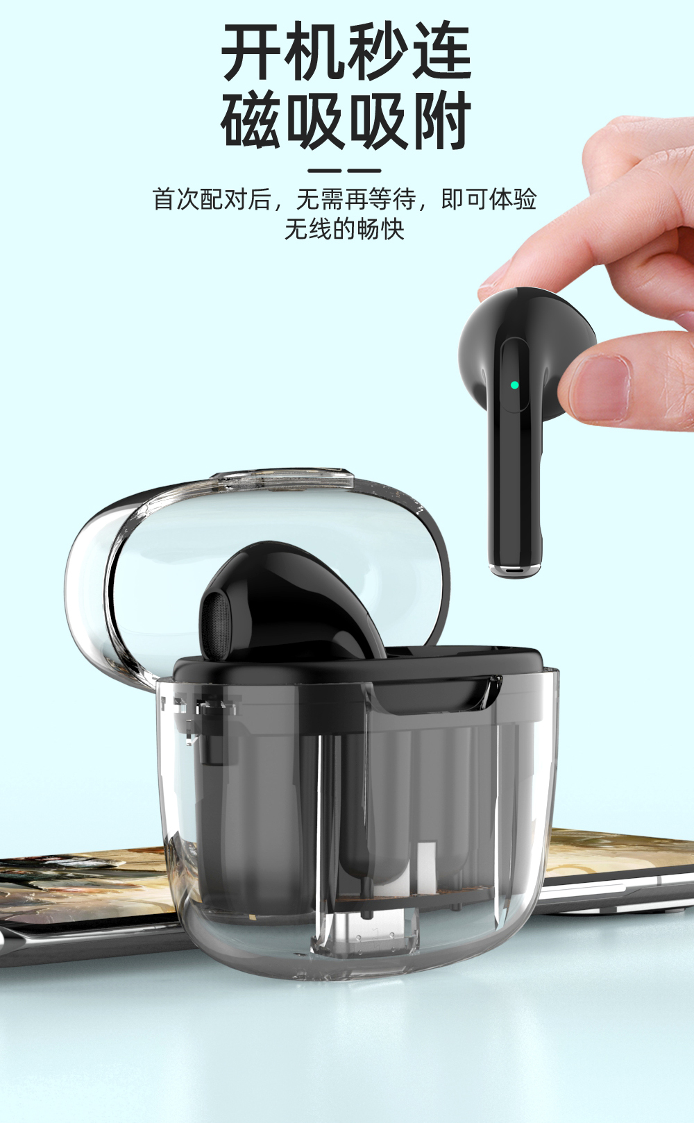 Compact and lightweight, instant connection upon startup, transparent version of true wireless Bluetooth headphones with fast charging interface pic 1