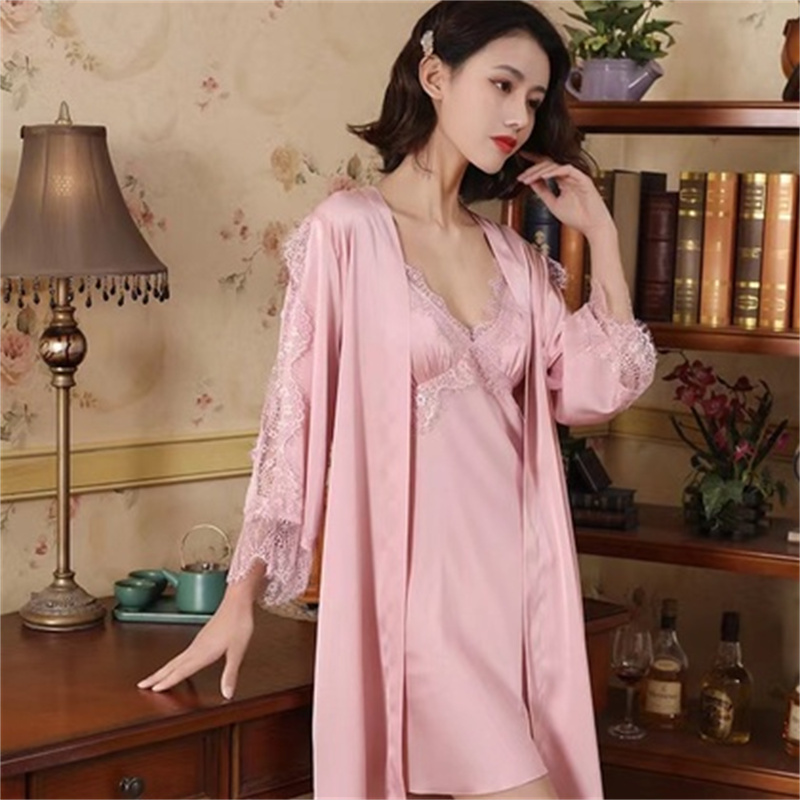 Spring and autumn pajama women's two-piece set, halter dress, coat, sleeping dress, skin-friendly, comfortable, breathable, long-sleeved, loose home wear details Picture