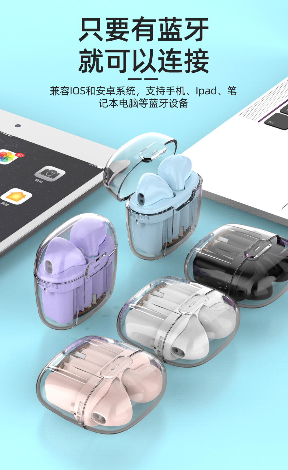 Compact and lightweight, instant connection upon startup, transparent version of true wireless Bluetooth headphones with fast charging interface pic 4