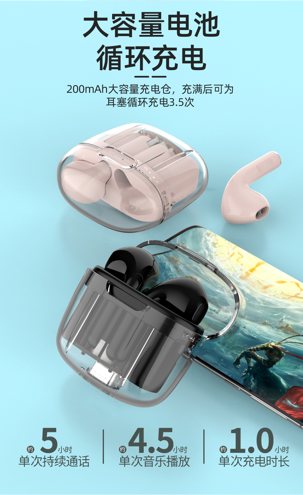 Compact and lightweight, instant connection upon startup, transparent version of true wireless Bluetooth headphones with fast charging interface pic 2