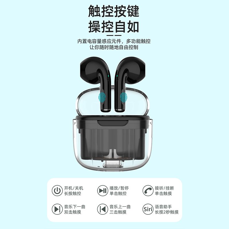 Compact and lightweight, instant connection upon startup, transparent version of true wireless Bluetooth headphones with fast charging interface Application Scenario