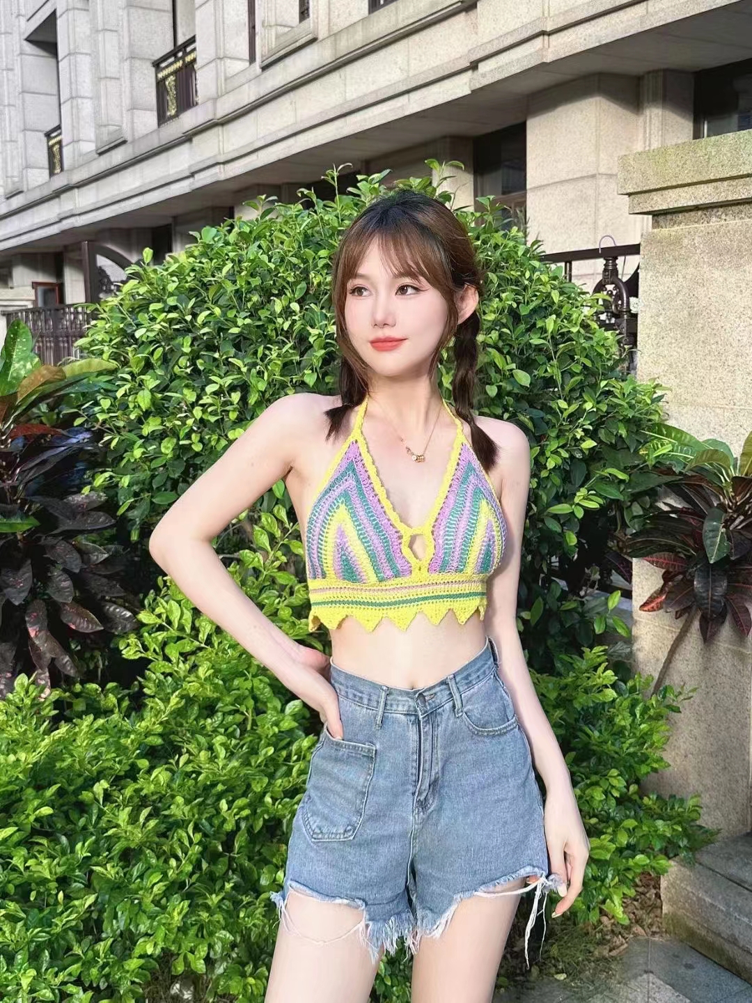 工厂直销欧美时尚镂空甜美性感针织比基尼上衣