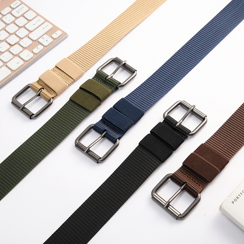 Men's casual and versatile belt, needle-buckle nylon belt, full air eye striped fabric belt Specification image