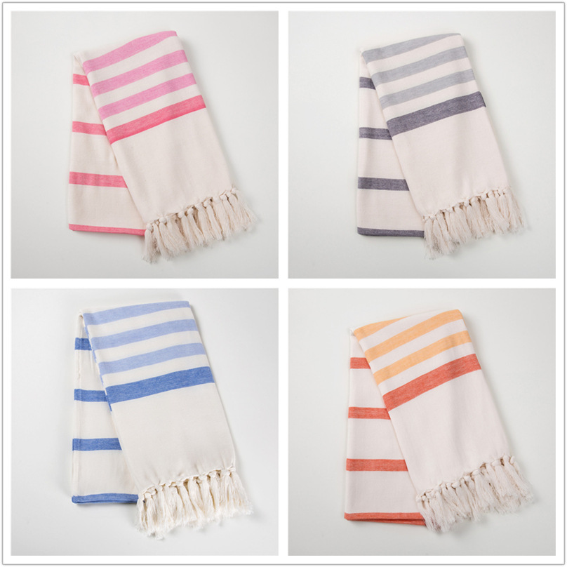 Narrow striped yarn-dyed Turkish beach towel for export, all-cotton fringed bath towel, Turkish beach sun protection shawl, 100*180cm