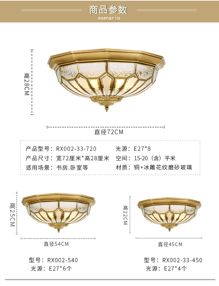 LED美式全铜吸顶灯卧室灯轻奢简约书房餐厅欧式厨房过道阳台灯具详情6