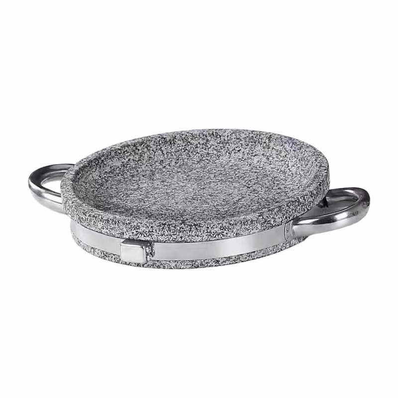 DF68075 Deep baking tray Plateless natural stone plate SLATE tofu roast plate Shallow stone pan Baking pan two ears round shallow baking pan Flat stone DF TRADING HOUSE