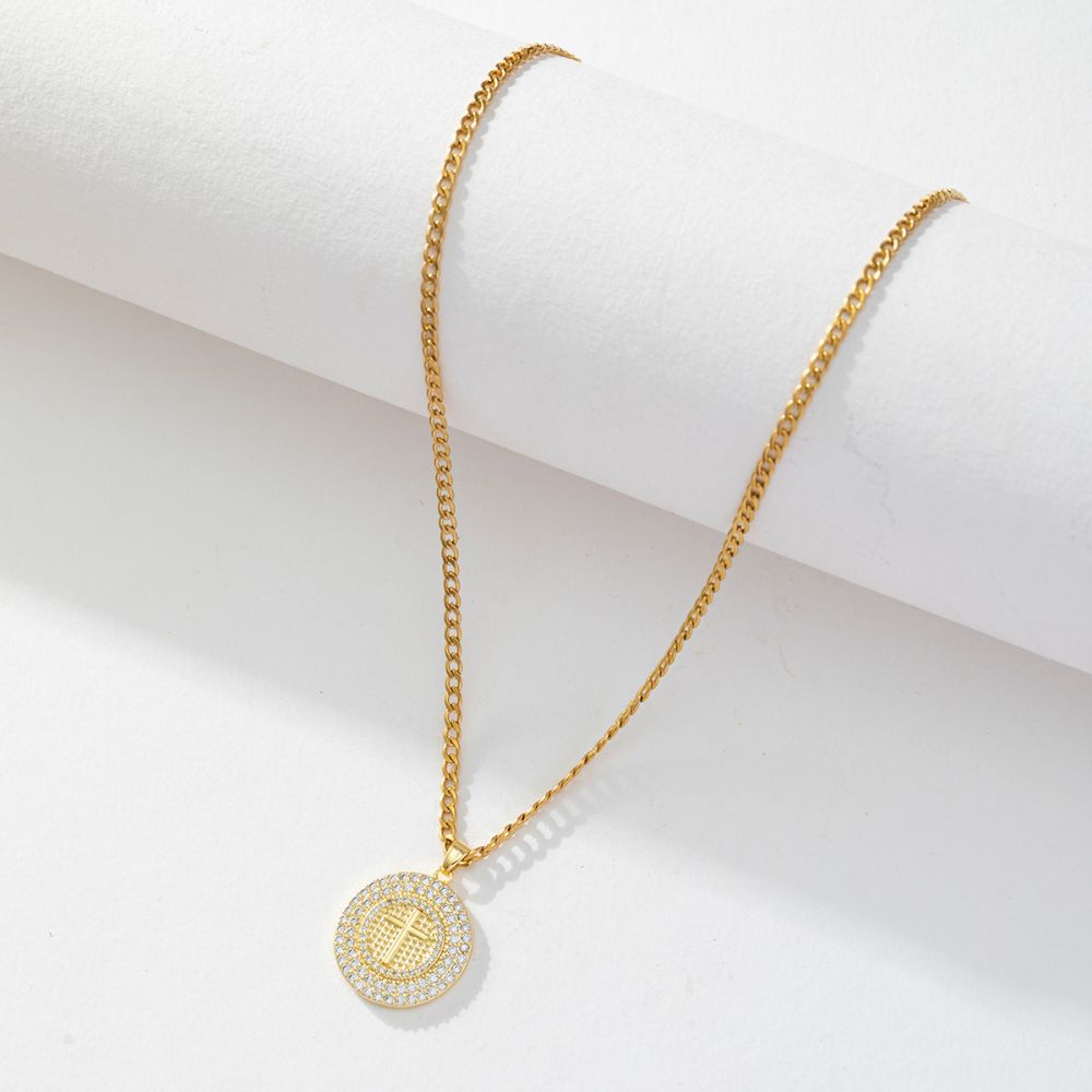 European and American niche, versatile, light luxury high-end wholesale round coin cross necklace, copper zircon 18K gold-plated sweater chain for men Application Scenario