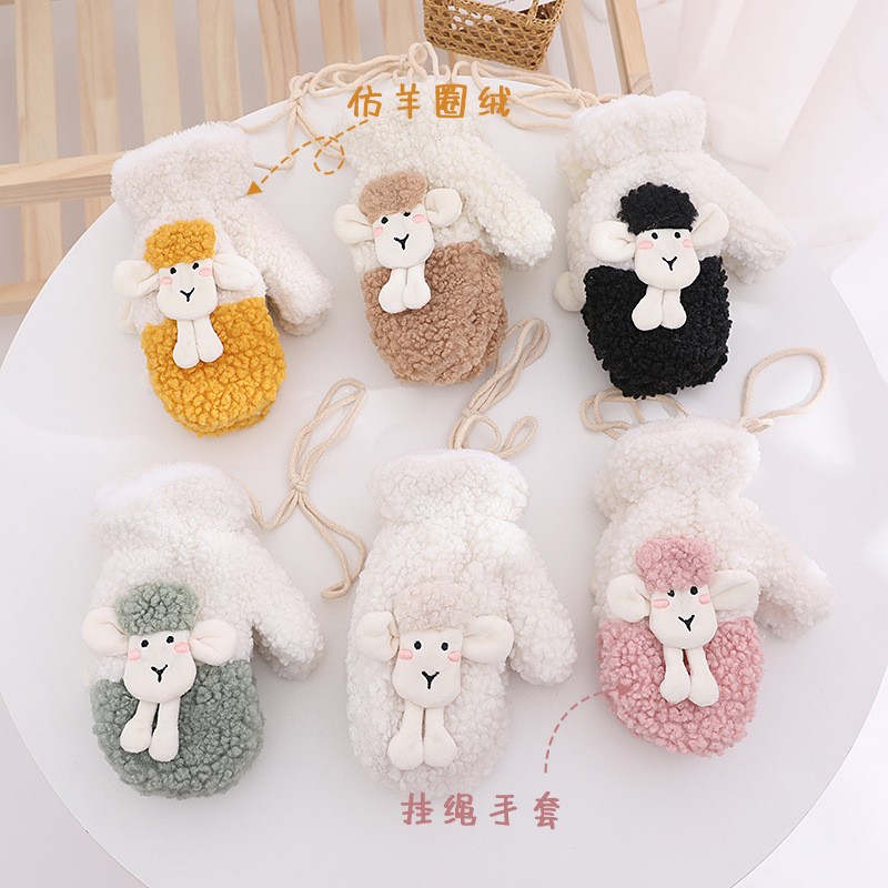 卡通小羊羔毛绒手套加绒包盖学生专享保暖抗寒防风3D动物冬季情侣礼物包指加厚手套