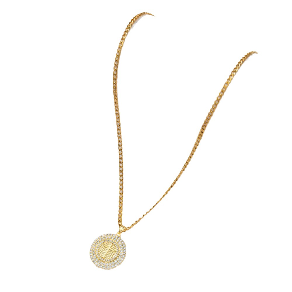 European and American niche, versatile, light luxury high-end wholesale round coin cross necklace, copper zircon 18K gold-plated sweater chain for men Specification image