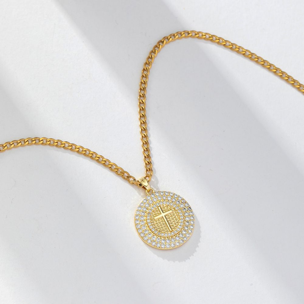 European and American niche, versatile, light luxury high-end wholesale round coin cross necklace, copper zircon 18K gold-plated sweater chain for men Item Picture