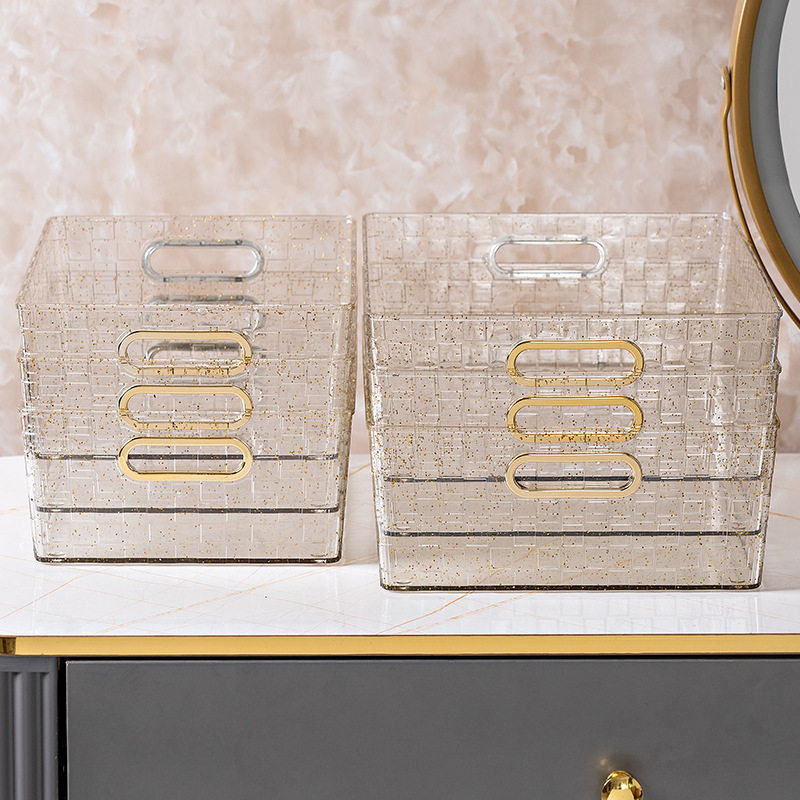 Y24-YM-6601 Transparent gold powder hand-held storage basket, cosmetics storage box, books and sundries storage and organization Application Scenario