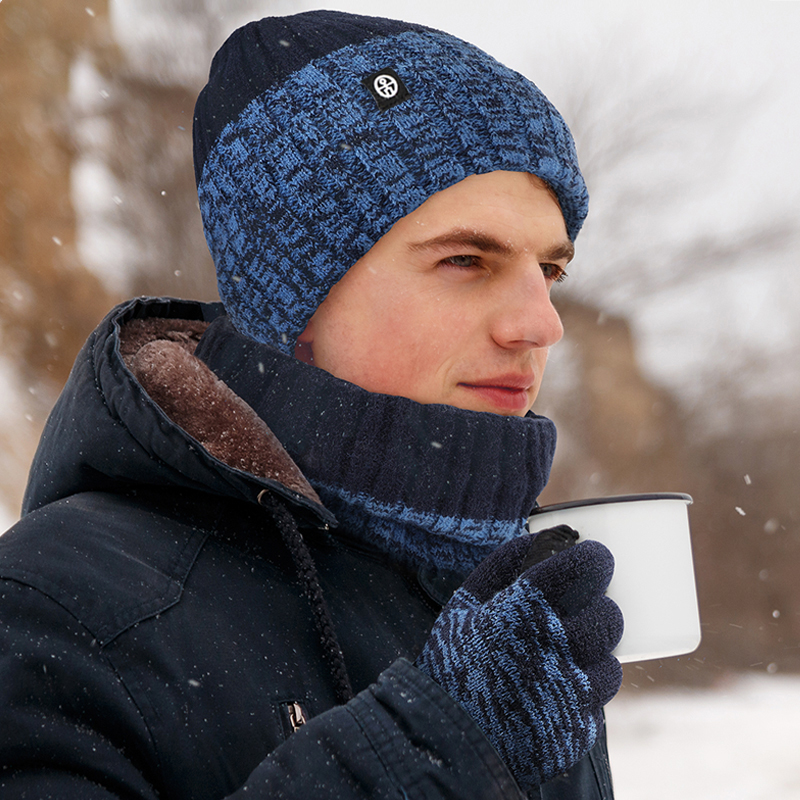 男女冬季/户外防寒/保暖针织帽子/围巾三件套/帽子三件/渐变撞色套装产品图