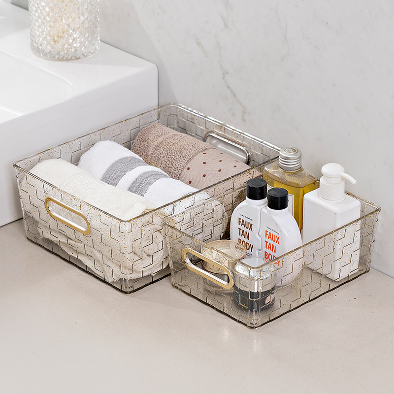 Y24-YM-6601 Transparent gold powder hand-held storage basket, cosmetics storage box, books and sundries storage and organization