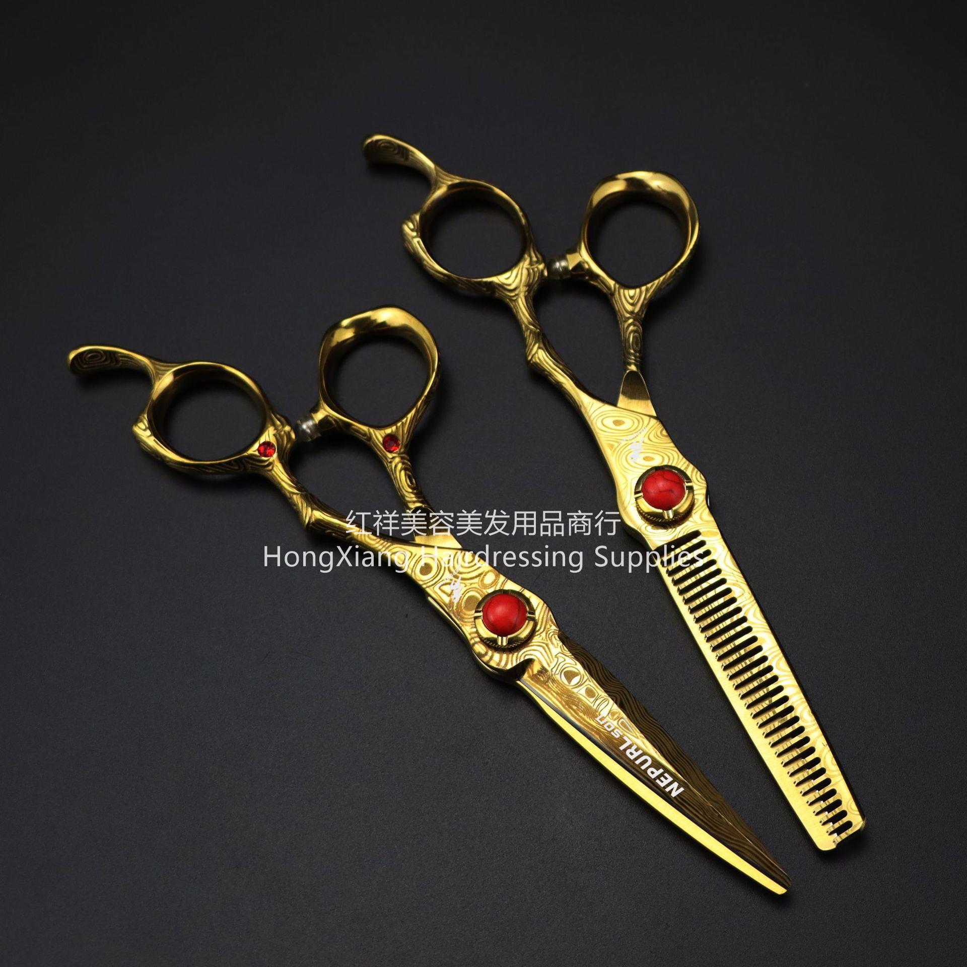 Gold handle 6.0 "LHM Damascus Hair scissors Hair scissors Teeth scissors Thin scissors