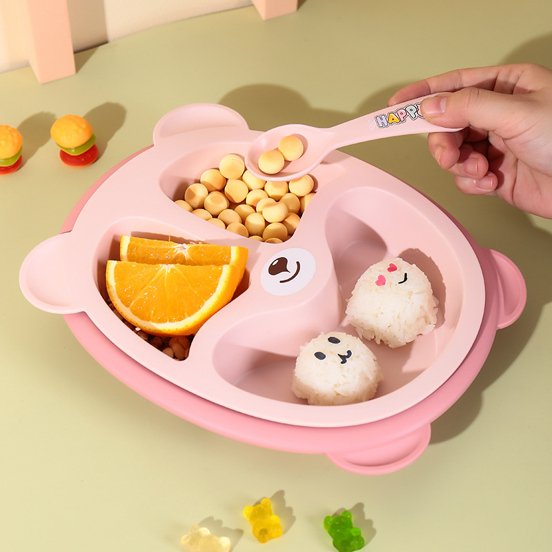 S42-XJ-8333 Bamboo Fiber Sea Otter Children's Plate, Double Plate with fork and spoon, 5-piece Cartoon hippopotamus plate Specification image