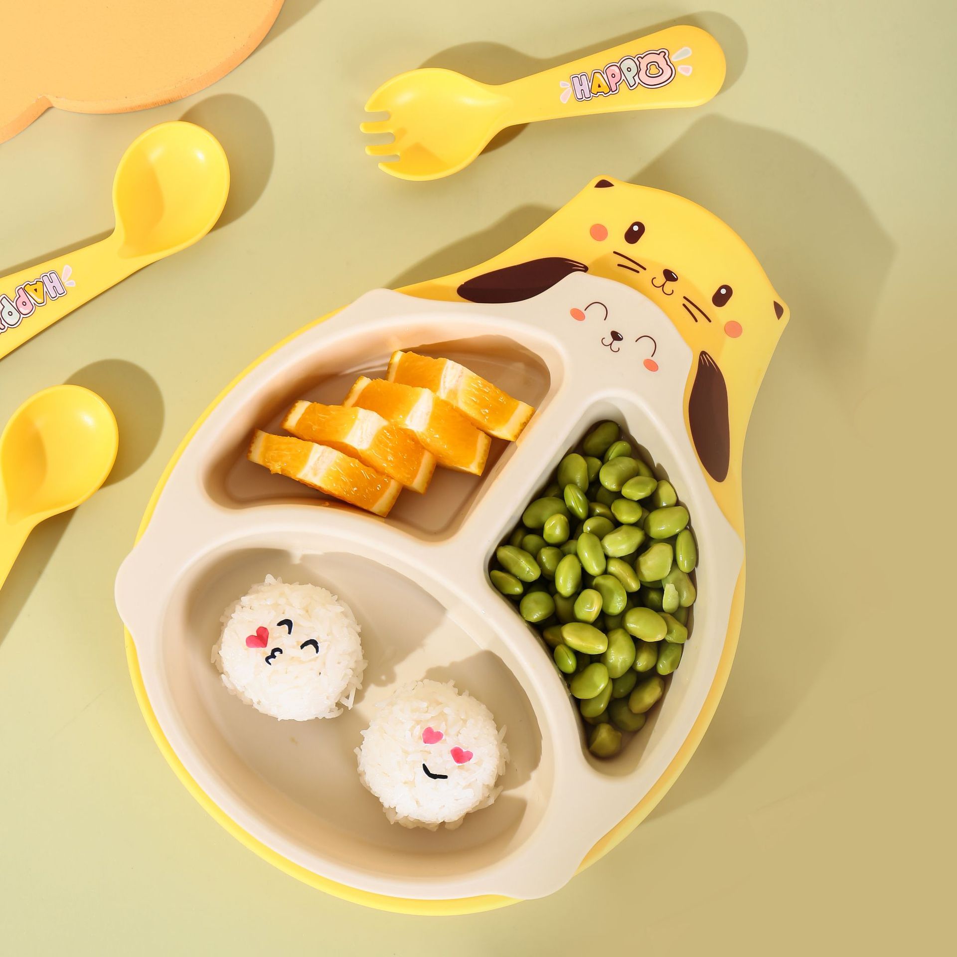 S42-XJ-8333 Bamboo Fiber Sea Otter Children's Plate, Double Plate with fork and spoon, 5-piece Cartoon hippopotamus plate detail image 2